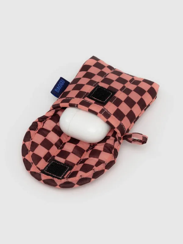 Puffy Earbuds Case: Pink Brown Check