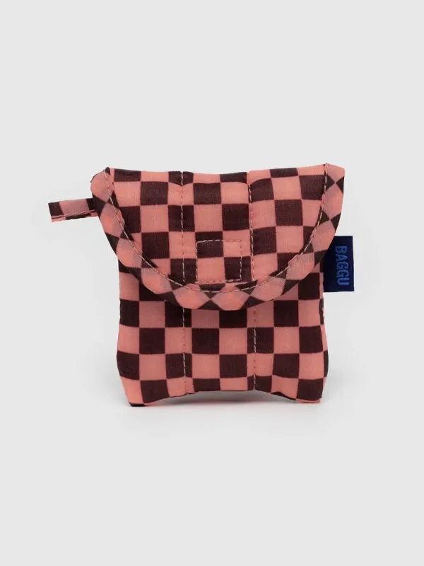 Puffy Earbuds Case: Pink Brown Check