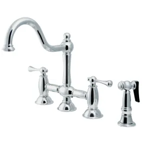 Restoration Bridge Kitchen Faucet With Brass Sprayer, Polished Chrome