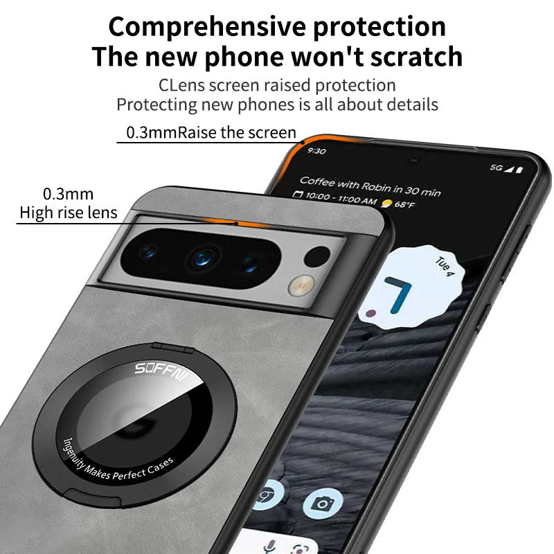 Skin Friendly Plain Leather Matte Phone Case With Ring Magnetic For Google Pixel 7 8