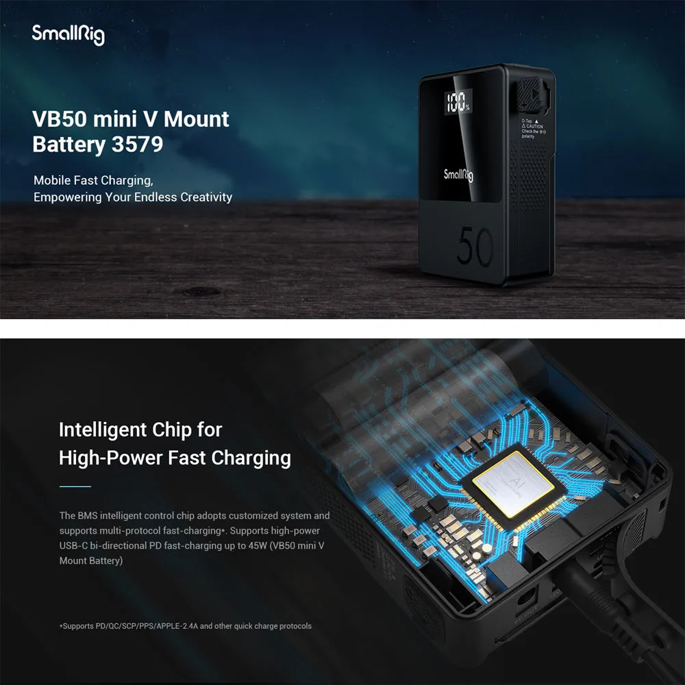 SmallRig VB50 Mini V Mount Battery (50Wh) with Safe & Fast Bi-Directional Charging, Multiple Interfaces & OLED Display for Cameras, Camcorders, Drones, Gimbals, Phones, Tablets, Laptops, Video Lights & Field Monitors | 4871 4872 3579