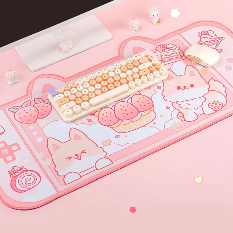 Strawberry Dessert Fox Desk Pad