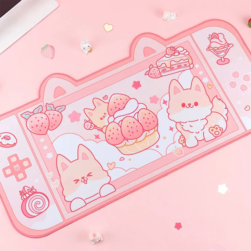 Strawberry Dessert Fox Desk Pad