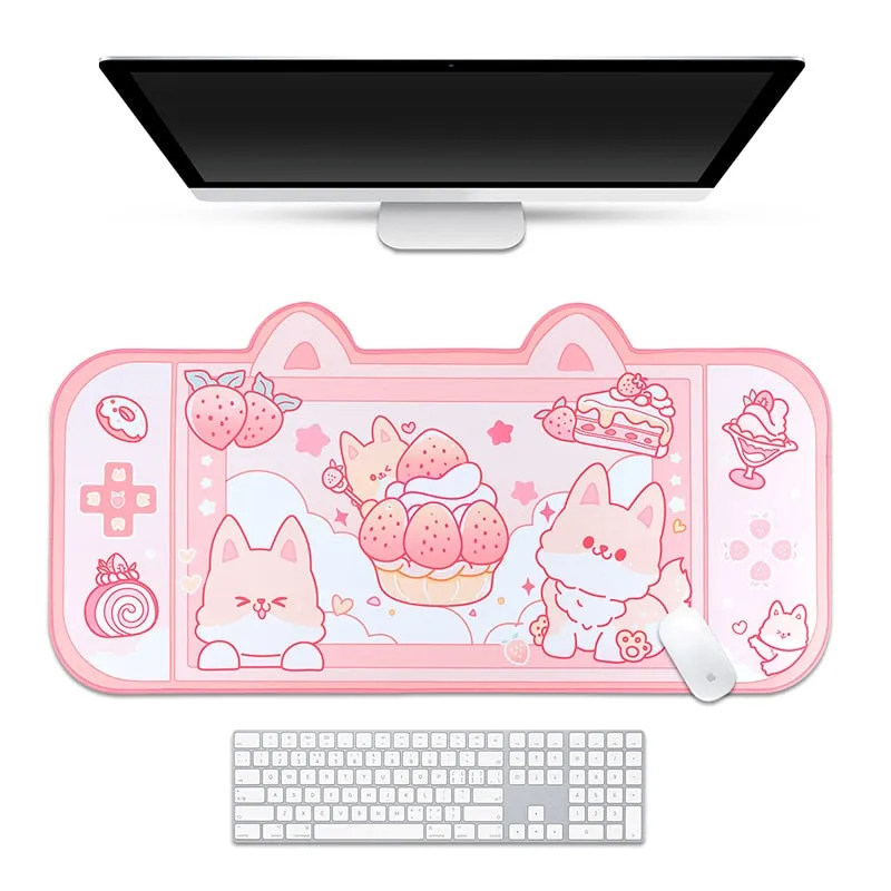 Strawberry Dessert Fox Desk Pad