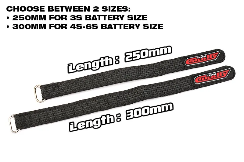 Team Corally - Pro Battery Straps - 250x20mm - Metal Buckle - Silicone Anti-Slip Strings - Black - 2 pcs