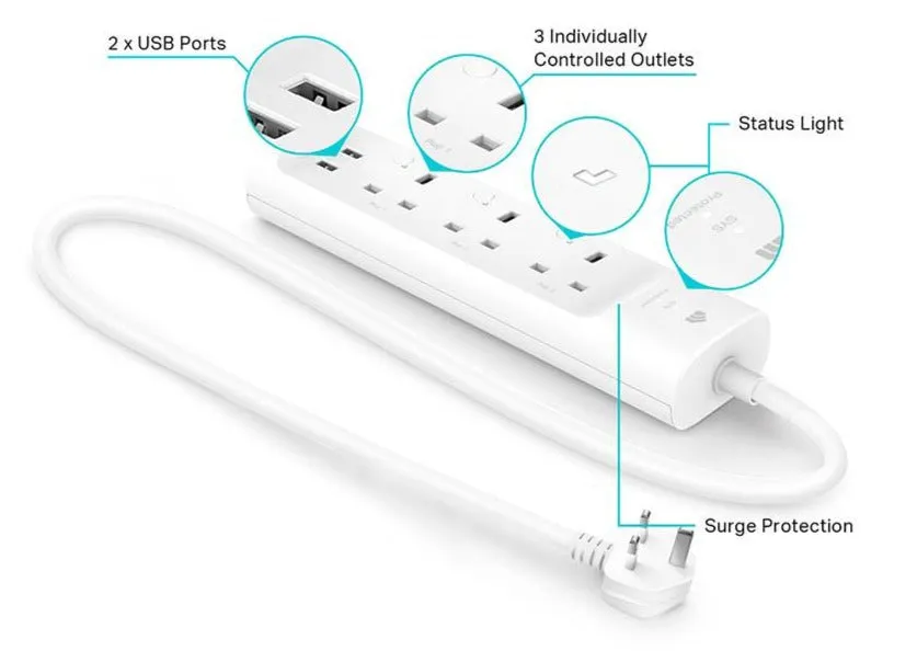 TP-Link KP303 Kasa Smart WiFi Power Strip Extension Sockets Plug with 3 Outlets & 2 USB Charging Ports