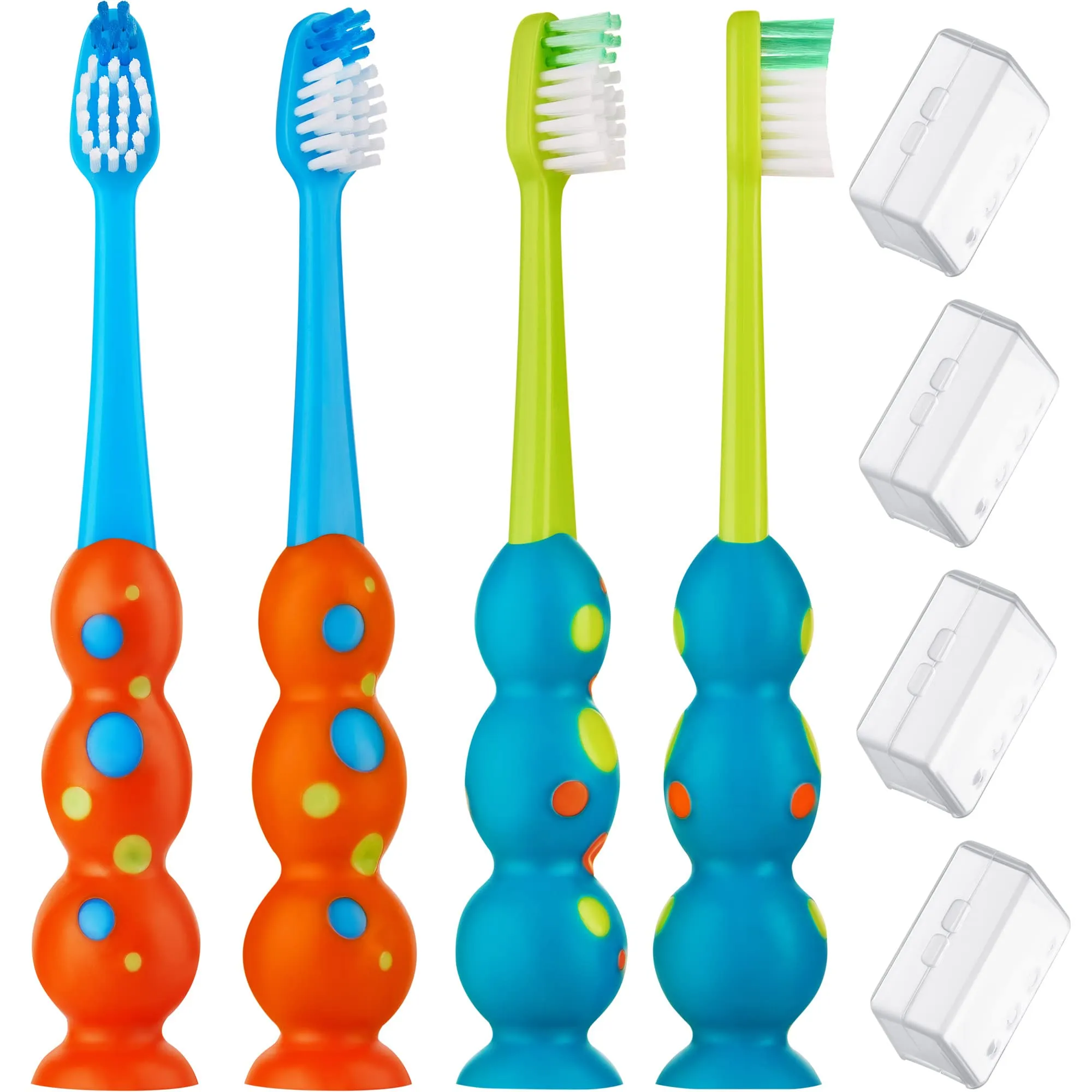 Trueocity Kids Toothbrush 2 Pack - Soft Contoured Bristles - Child Sized Brush Heads (3-10 Year Old) - Suction Cup for Fun & Easy Storage - Girl & Boy Set (2-Pack, Blue & Orange)