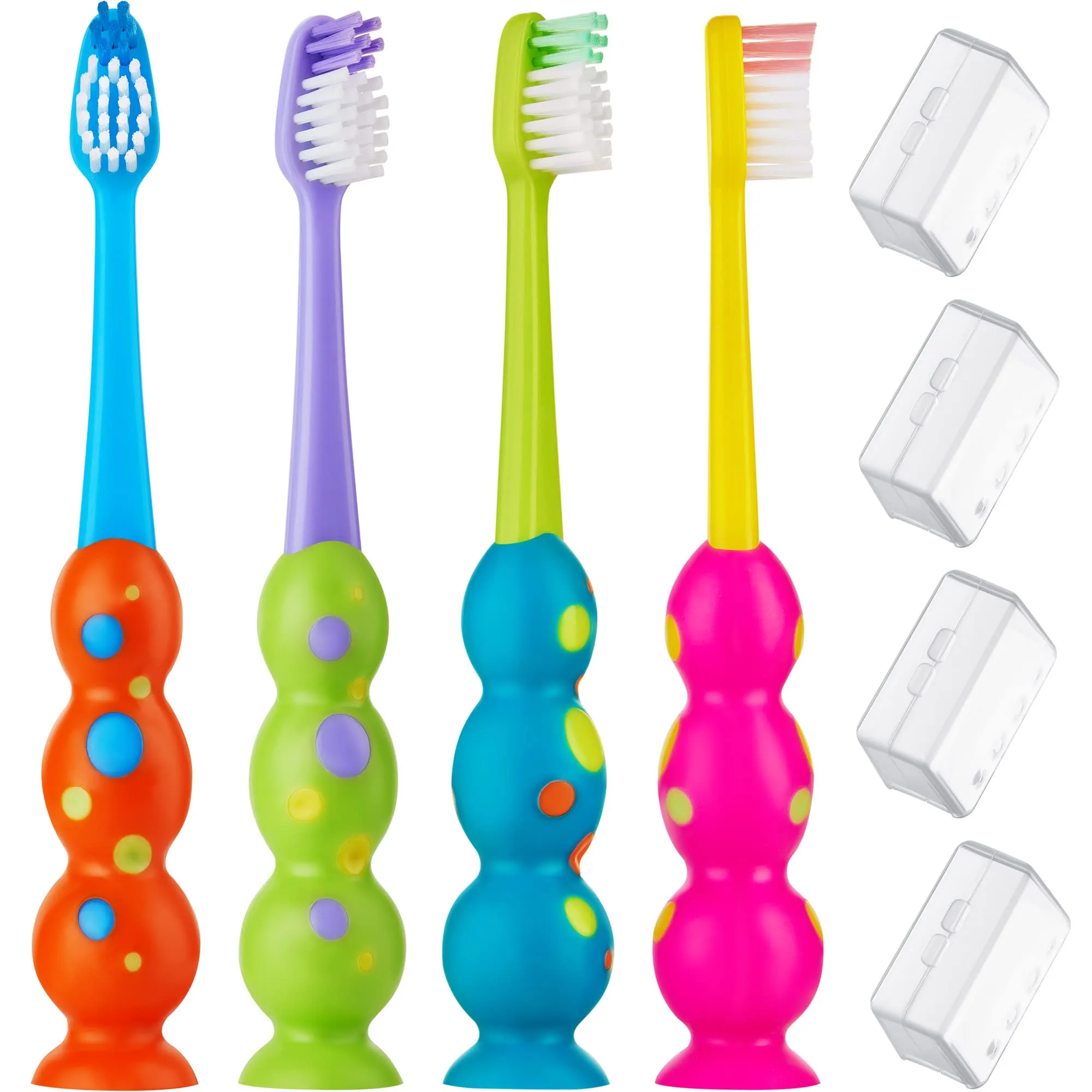 Trueocity Kids Toothbrush 2 Pack - Soft Contoured Bristles - Child Sized Brush Heads (3-10 Year Old) - Suction Cup for Fun & Easy Storage - Girl & Boy Set (2-Pack, Blue & Orange)