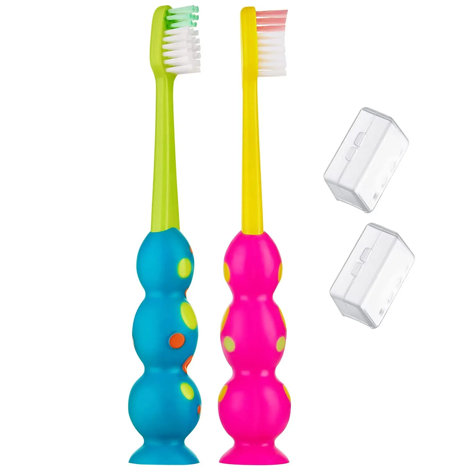 Trueocity Kids Toothbrush 2 Pack - Soft Contoured Bristles - Child Sized Brush Heads (3-10 Year Old) - Suction Cup for Fun & Easy Storage - Girl & Boy Set (2-Pack, Blue & Orange)