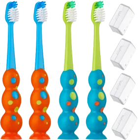 Trueocity Kids Toothbrush 2 Pack - Soft Contoured Bristles - Child Sized Brush Heads (3-10 Year Old) - Suction Cup for Fun & Easy Storage - Girl & Boy Set (2-Pack, Blue & Orange)