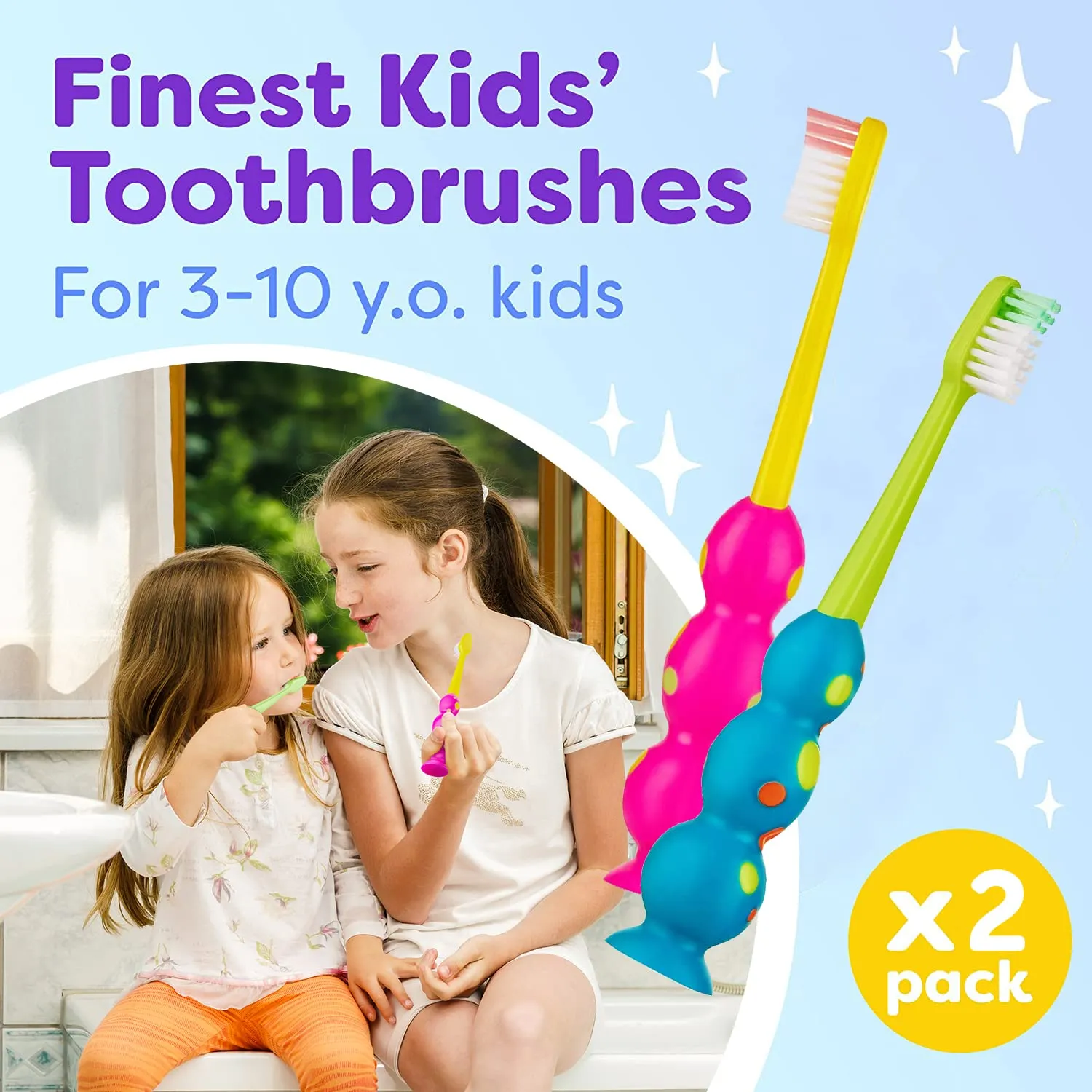 Trueocity Kids Toothbrush 2 Pack - Soft Contoured Bristles - Child Sized Brush Heads (3-10 Year Old) - Suction Cup for Fun & Easy Storage - Girl & Boy Set (2-Pack, Blue & Orange)