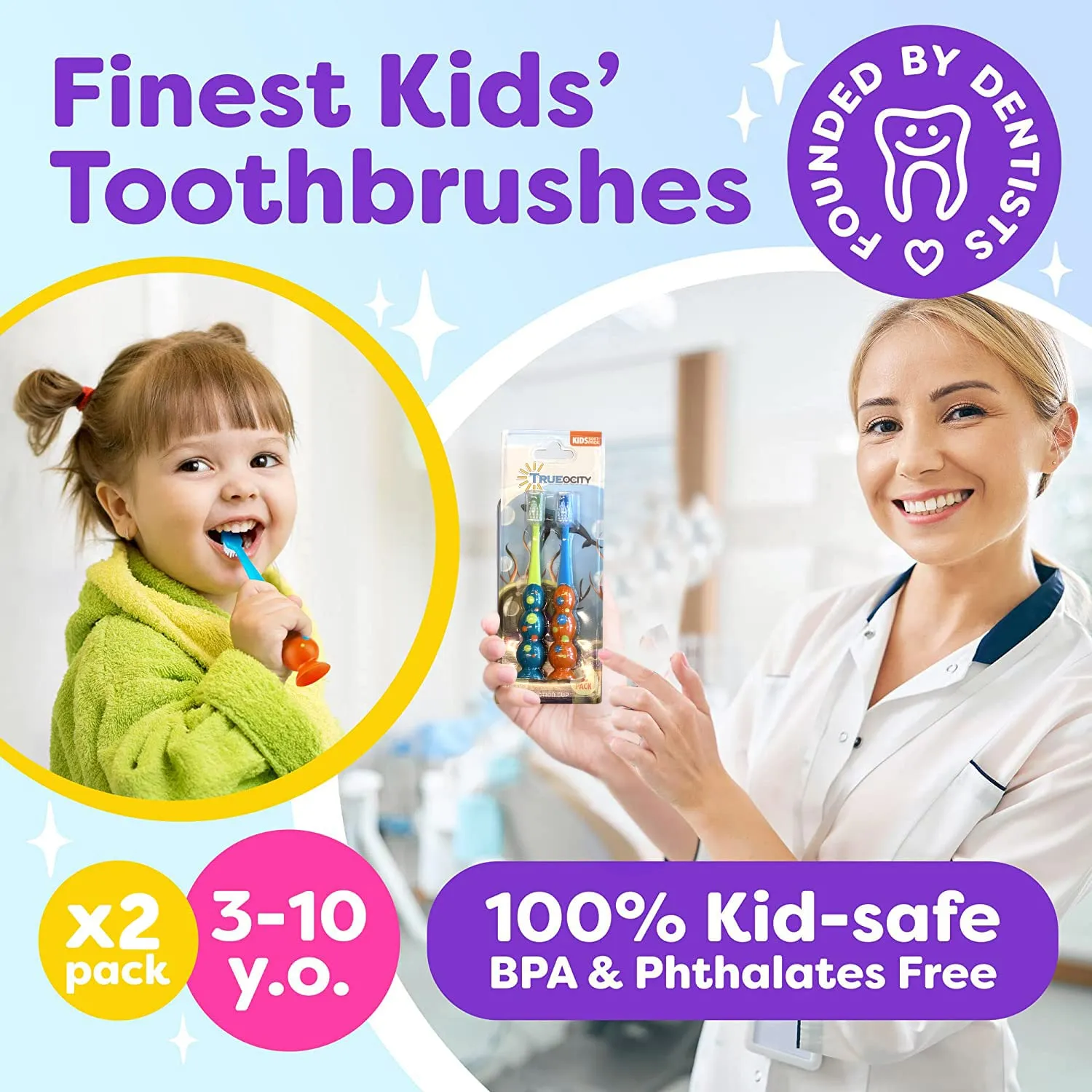 Trueocity Kids Toothbrush 2 Pack - Soft Contoured Bristles - Child Sized Brush Heads (3-10 Year Old) - Suction Cup for Fun & Easy Storage - Girl & Boy Set (2-Pack, Blue & Orange)