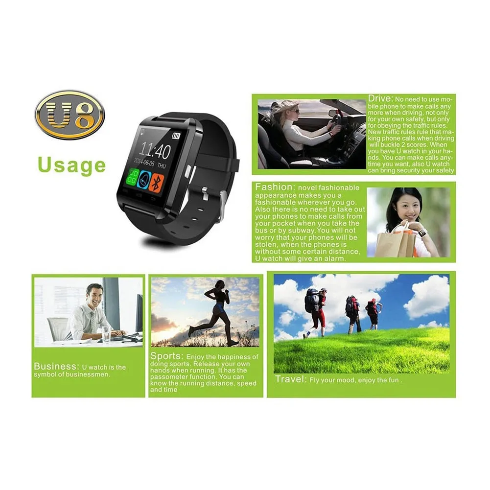 U8 Bluetooth Smart Watch with Call, Sleep Monitor, Altimeter,  Pedometer for Android and iPhones