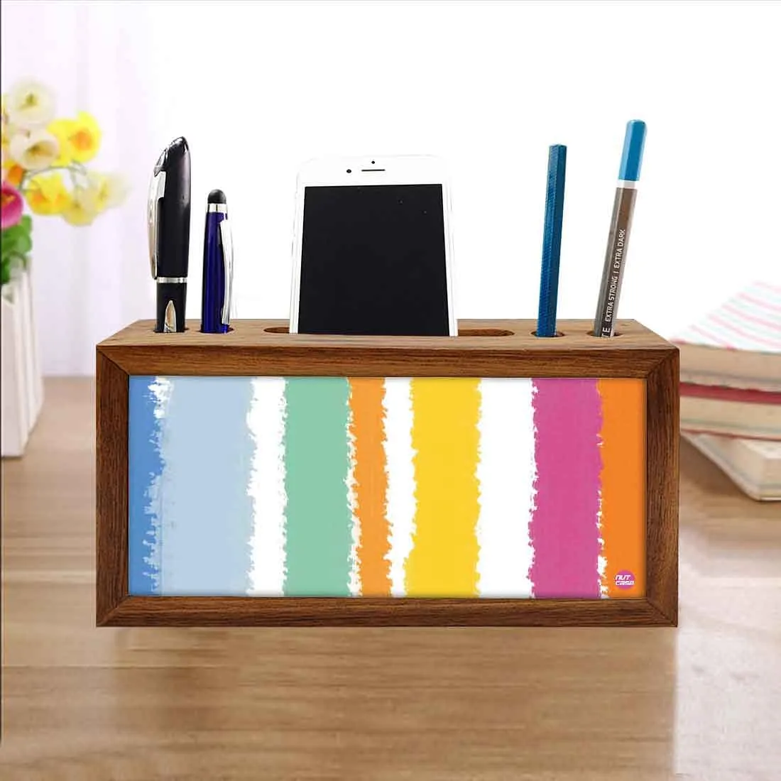 Wooden desk pen mobile organizer - Colorful Stripes