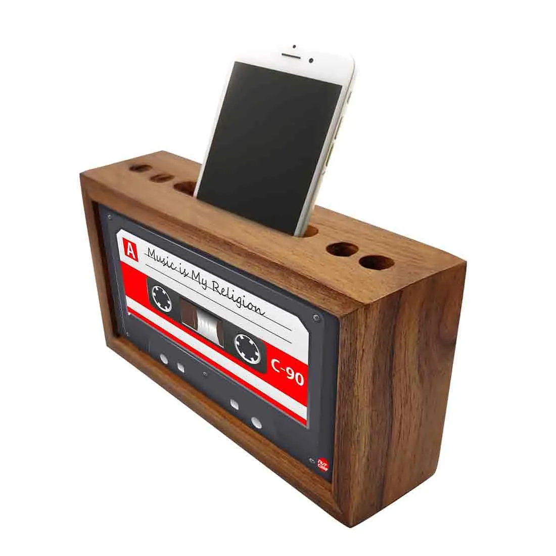 Wooden Stationary Holder Pen Mobile Stand for Office - Cassette Retro Music