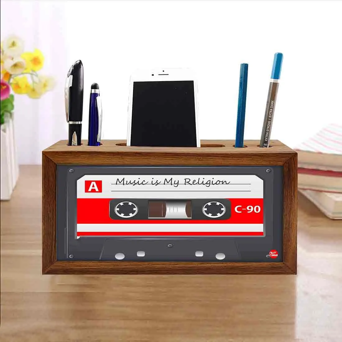 Wooden Stationary Holder Pen Mobile Stand for Office - Cassette Retro Music