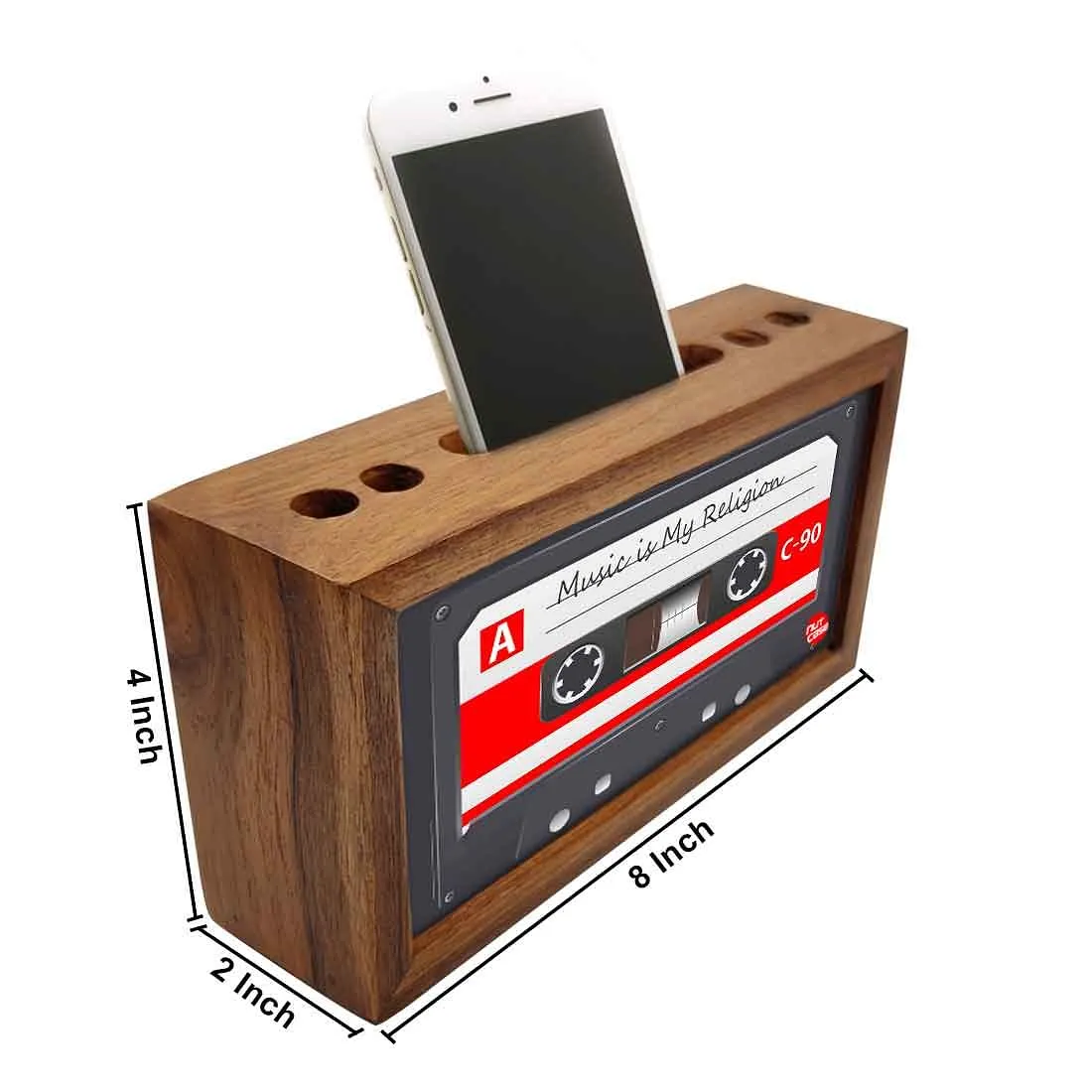 Wooden Stationary Holder Pen Mobile Stand for Office - Cassette Retro Music